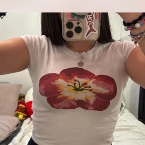 Pull&Bear White Red Crop Top Fitted Short Sleeve